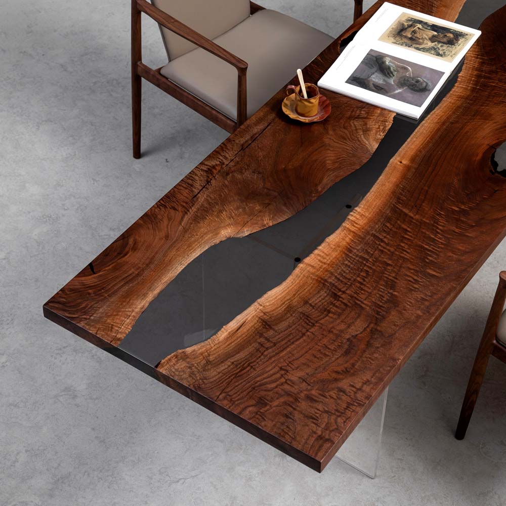 Elite Walnut Wood & Gray - Transparent Epoxy River Dining Table ECT - 46 - Elitecustomtable