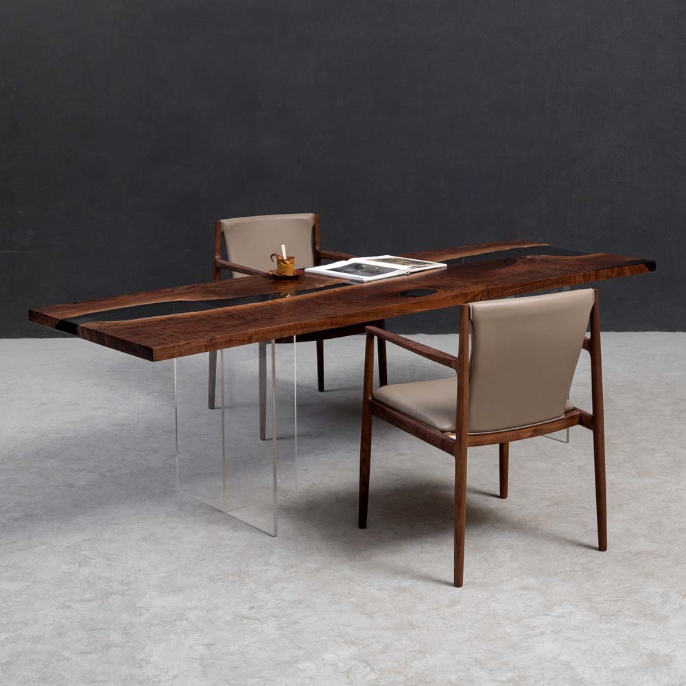 Elite Walnut Wood & Gray - Transparent Epoxy River Dining Table ECT - 46 - Elitecustomtable
