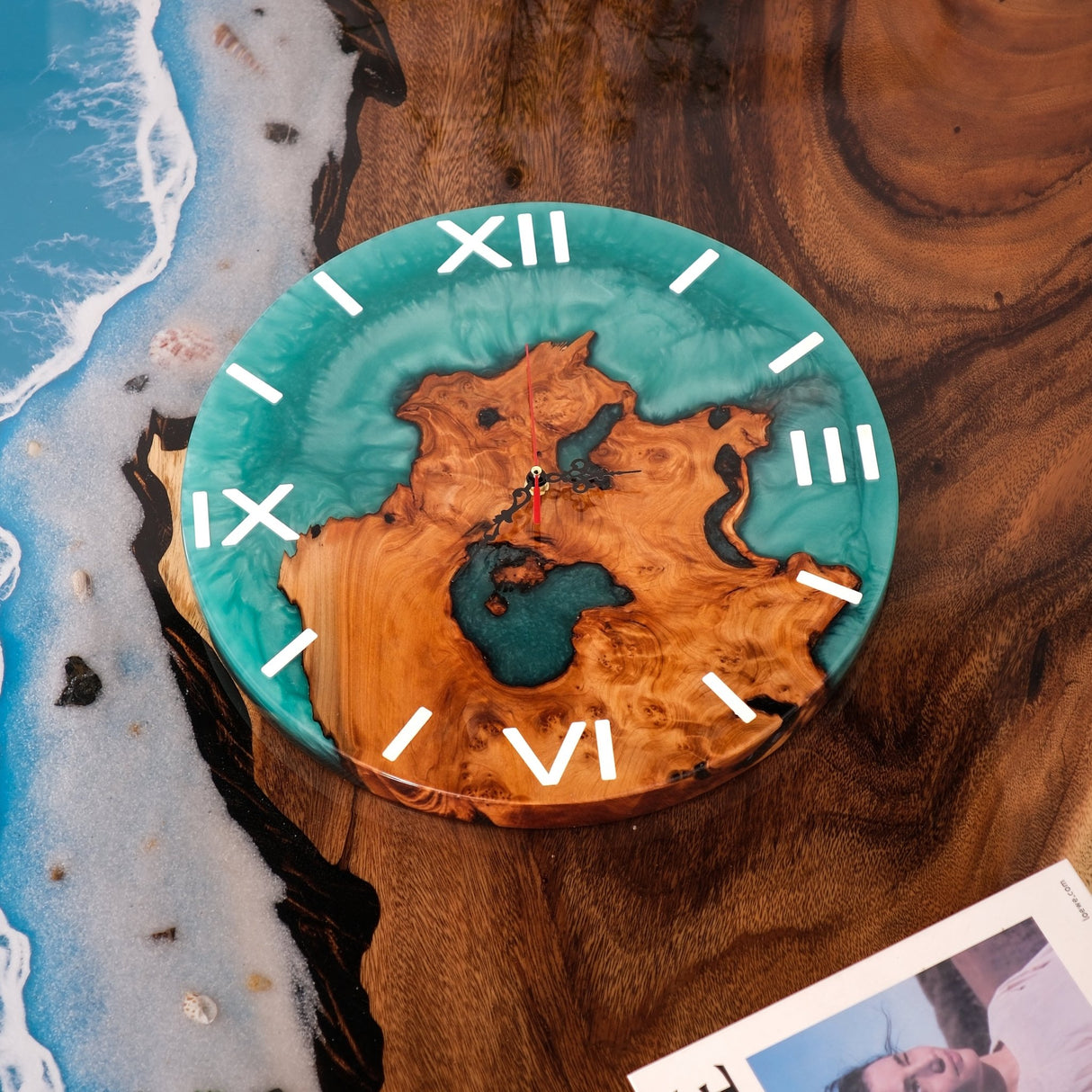 Elite Walnut Wood & Green Epoxy Resin Decorative Wall Clock EWC - 16 - 16'' - Elitecustomtable