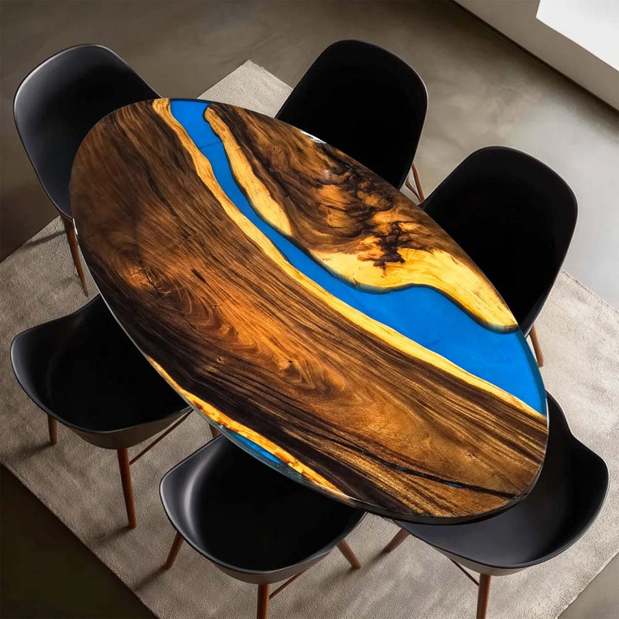 Elite Walnut Wood Oval Dining Table with Blue Resin River Inlay ECT-219