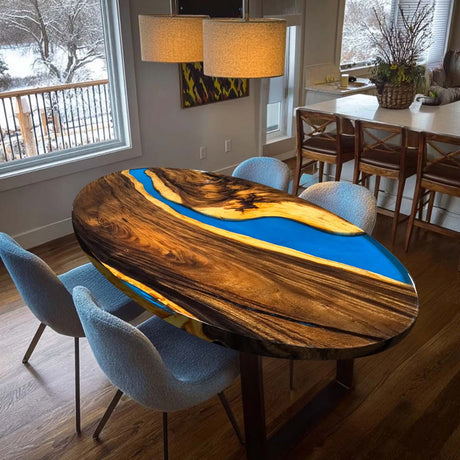 Elite Walnut Wood Oval Dining Table with Blue Resin River Inlay ECT - 219 - Elitecustomtable