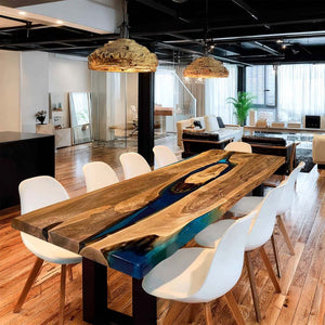Elite Walnut Wood & Transparent Blue Epoxy Resin Dining Table ECT - 199 - Elitecustomtable