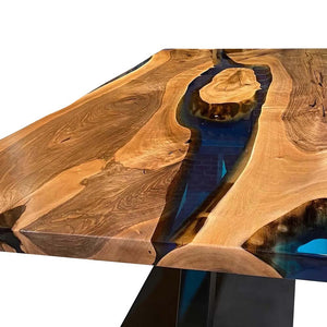 Elite Walnut Wood & Transparent Blue Epoxy Resin Dining Table ECT - 199 - Elitecustomtable
