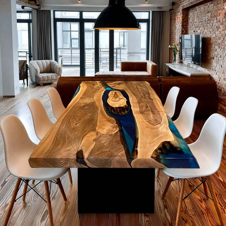 Elite Walnut Wood & Transparent Blue Epoxy Resin Dining Table ECT - 199 - Elitecustomtable