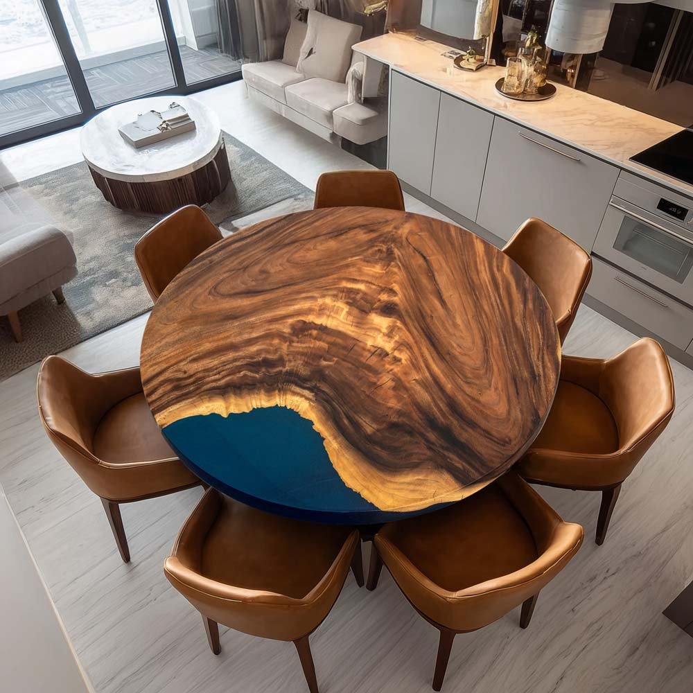 Elite Walnut Wood with Blue Epoxy Resin Round Coffee Table ECT - 172 - Elitecustomtable