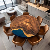 Elite Walnut Wood with Blue Epoxy Resin Round Coffee Table ECT - 172 - Elitecustomtable