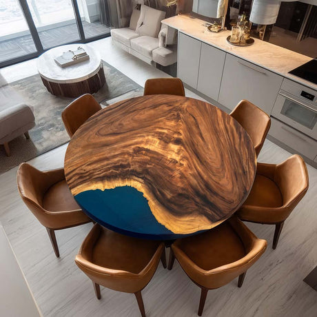 Elite Walnut Wood with Blue Epoxy Resin Round Coffee Table ECT - 172 - Elitecustomtable