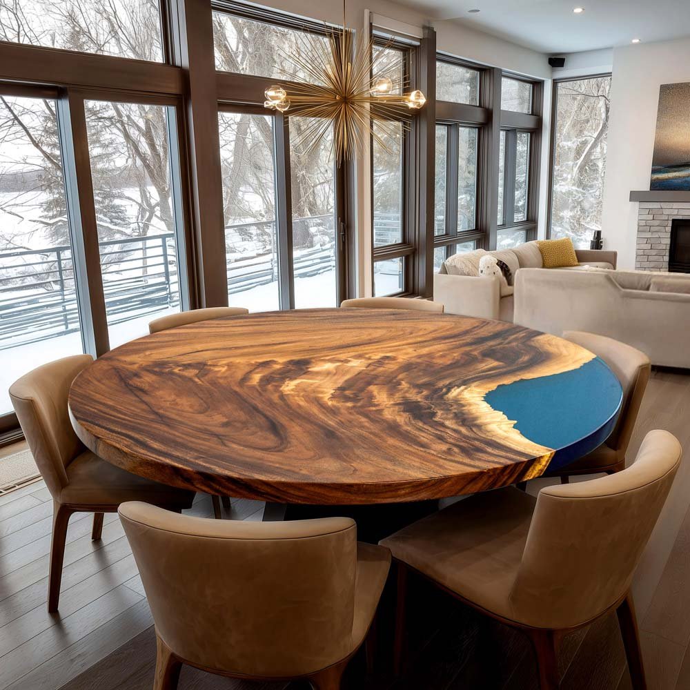 Elite Walnut Wood with Blue Epoxy Resin Round Coffee Table ECT - 172 - Elitecustomtable