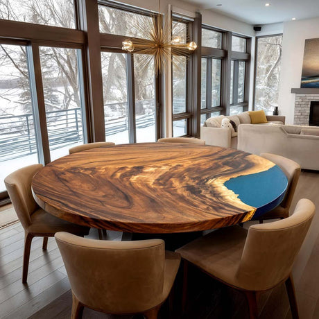 Elite Walnut Wood with Blue Epoxy Resin Round Coffee Table ECT - 172 - Elitecustomtable