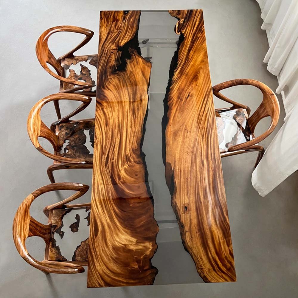 Elite Walnut Wood with Transparent Black - Gray Epoxy Resin Dining Table ECT - 163 - Elitecustomtable