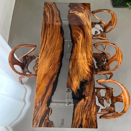 Elite Walnut Wood with Transparent Black - Gray Epoxy Resin Dining Table ECT - 163 - Elitecustomtable