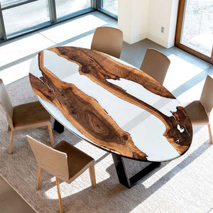 Elite Walnut Wood with White Epoxy Resin Oval Coffee & Dining Table ECT - 182 - Elitecustomtable
