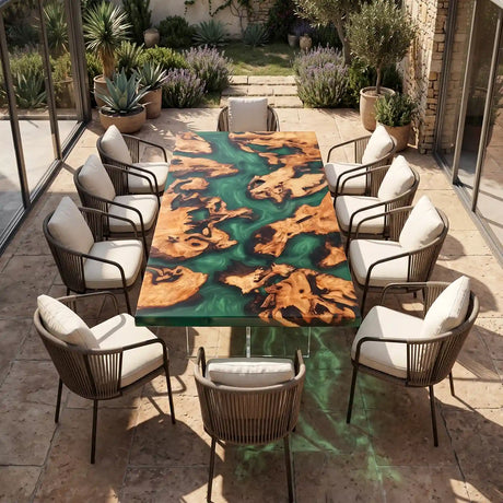Live edge poplar dining table showcasing vibrant green epoxy resin, organic wood contours, and intricate natural burl patterns