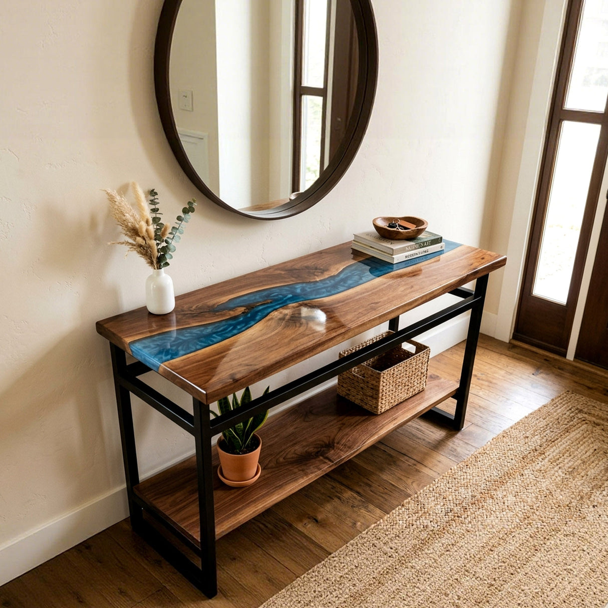 Epoxy Console Table Walnut Cobalt Pearl Blue Straight Edge Entryway Console Table ECT - 308 - Elitecustomtable