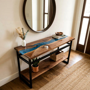 Epoxy Console Table Walnut Cobalt Pearl Blue Straight Edge Entryway Console Table ECT - 308 - Elitecustomtable