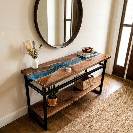 Epoxy Console Table Walnut Cobalt Pearl Blue Straight Edge Entryway Console Table ECT - 308 - Elitecustomtable