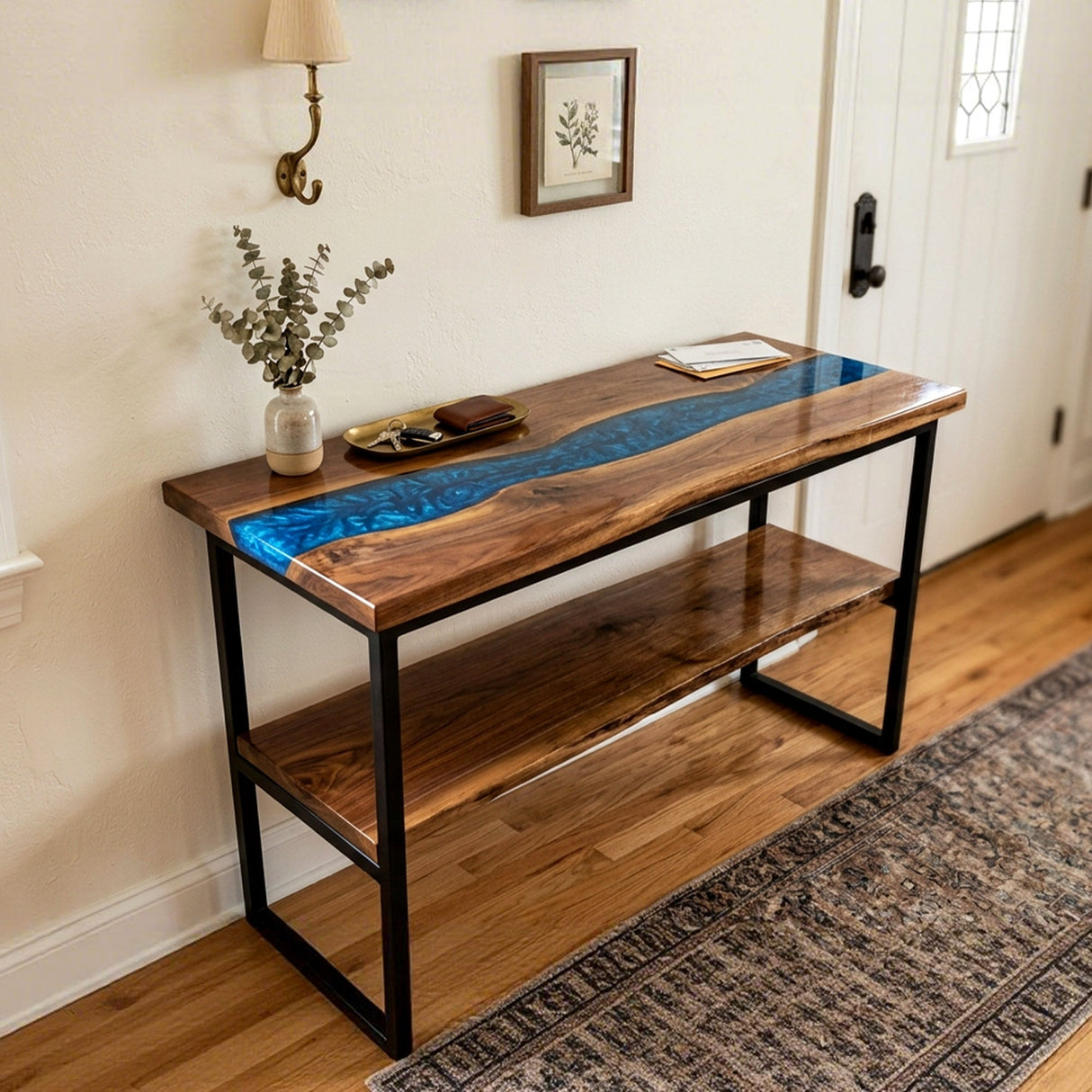 Epoxy Console Table Walnut Cobalt Pearl Blue Straight Edge Entryway Console Table ECT - 308 - Elitecustomtable