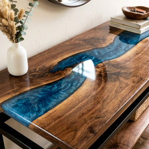 Epoxy Console Table Walnut Cobalt Pearl Blue Straight Edge Entryway Console Table ECT - 308 - Elitecustomtable