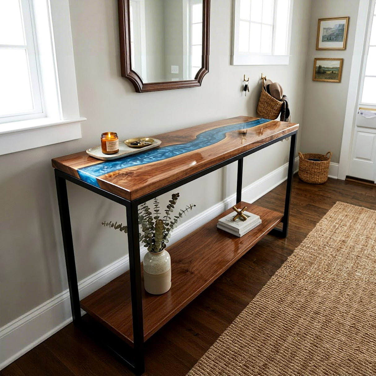 Epoxy Console Table Walnut Cobalt Pearl Blue Straight Edge Entryway Console Table ECT - 308 - Elitecustomtable
