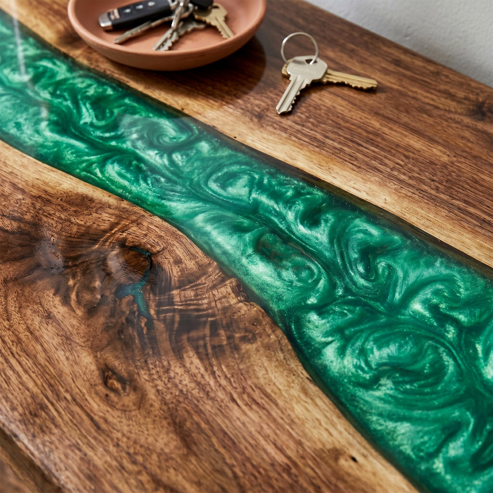 Live Edge Walnut Emerald Pearl Epoxy Console Table | ECT-307
