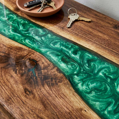Epoxy Console Table Walnut Emerald Pearl Live Edge Rectangular Entryway Console Table ECT - 307 - Elitecustomtable