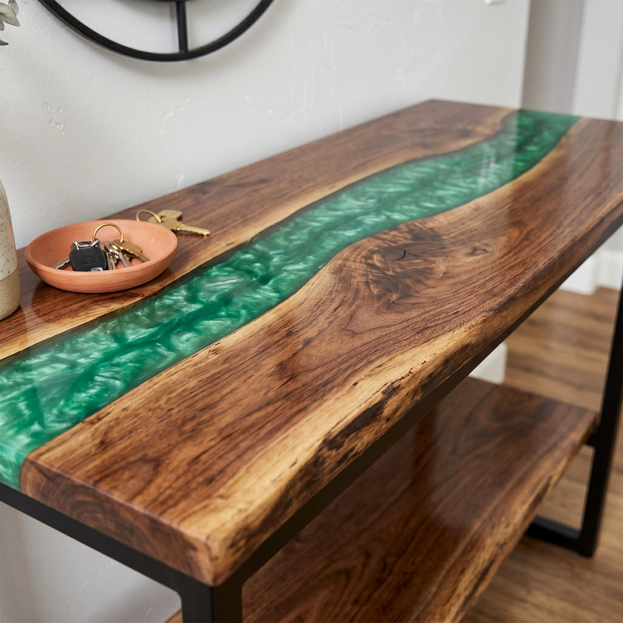Epoxy Console Table Walnut Emerald Pearl Live Edge Rectangular Entryway Console Table ECT - 307 - Elitecustomtable