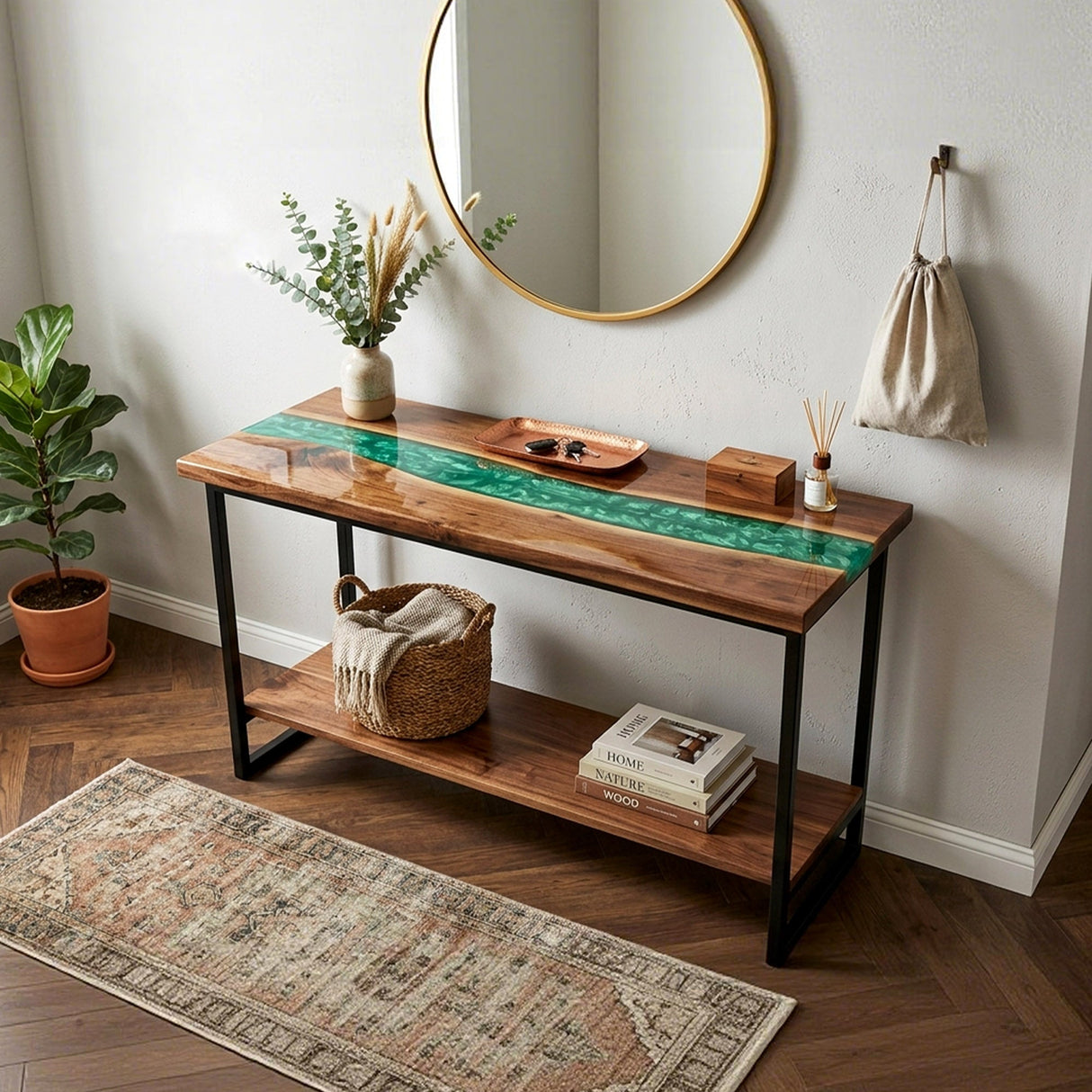 Epoxy Console Table Walnut Emerald Pearl Live Edge Rectangular Entryway Console Table ECT - 307 - Elitecustomtable