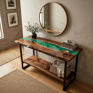 Epoxy Console Table Walnut Emerald Pearl Live Edge Rectangular Entryway Console Table ECT - 307 - Elitecustomtable