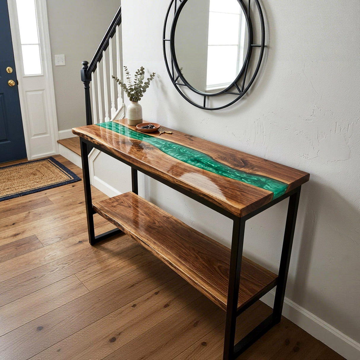 Epoxy Console Table Walnut Emerald Pearl Live Edge Rectangular Entryway Console Table ECT - 307 - Elitecustomtable