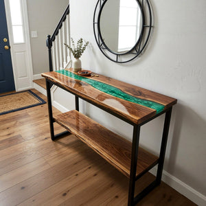 Epoxy Console Table Walnut Emerald Pearl Live Edge Rectangular Entryway Console Table ECT - 307 - Elitecustomtable