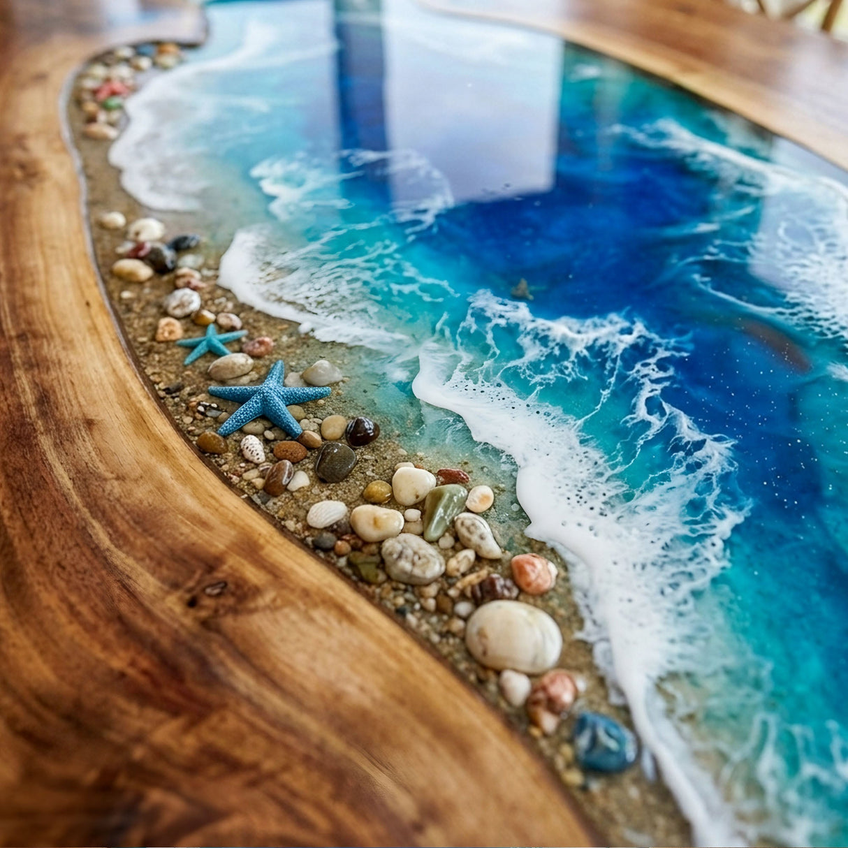 Epoxy Dining Room Table Walnut Coastal Blue Rectangular Straight Edge Beach Dining Table ECT - 314 - Elitecustomtable