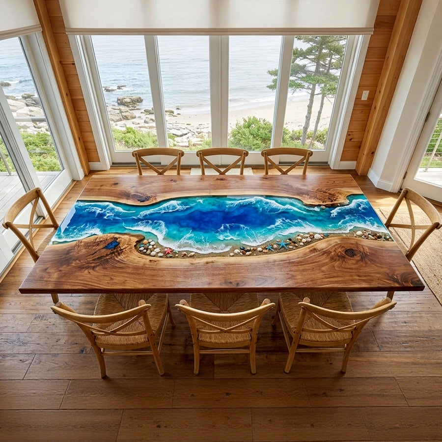 Epoxy Dining Room Table Walnut Coastal Blue Rectangular Straight Edge Beach Dining Table ECT-314