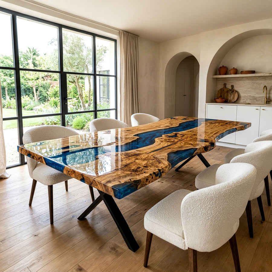 Epoxy Dining Table Olive Wood Cobalt Pearl Blue Rectangular Straight Edge Dining Table ECT-296