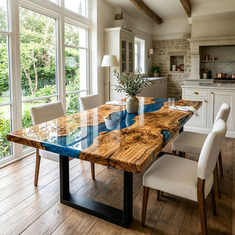 Epoxy Dining Table Olive Wood Cobalt Pearl Blue Rectangular Straight Edge Dining Table ECT - 296 - Elitecustomtable