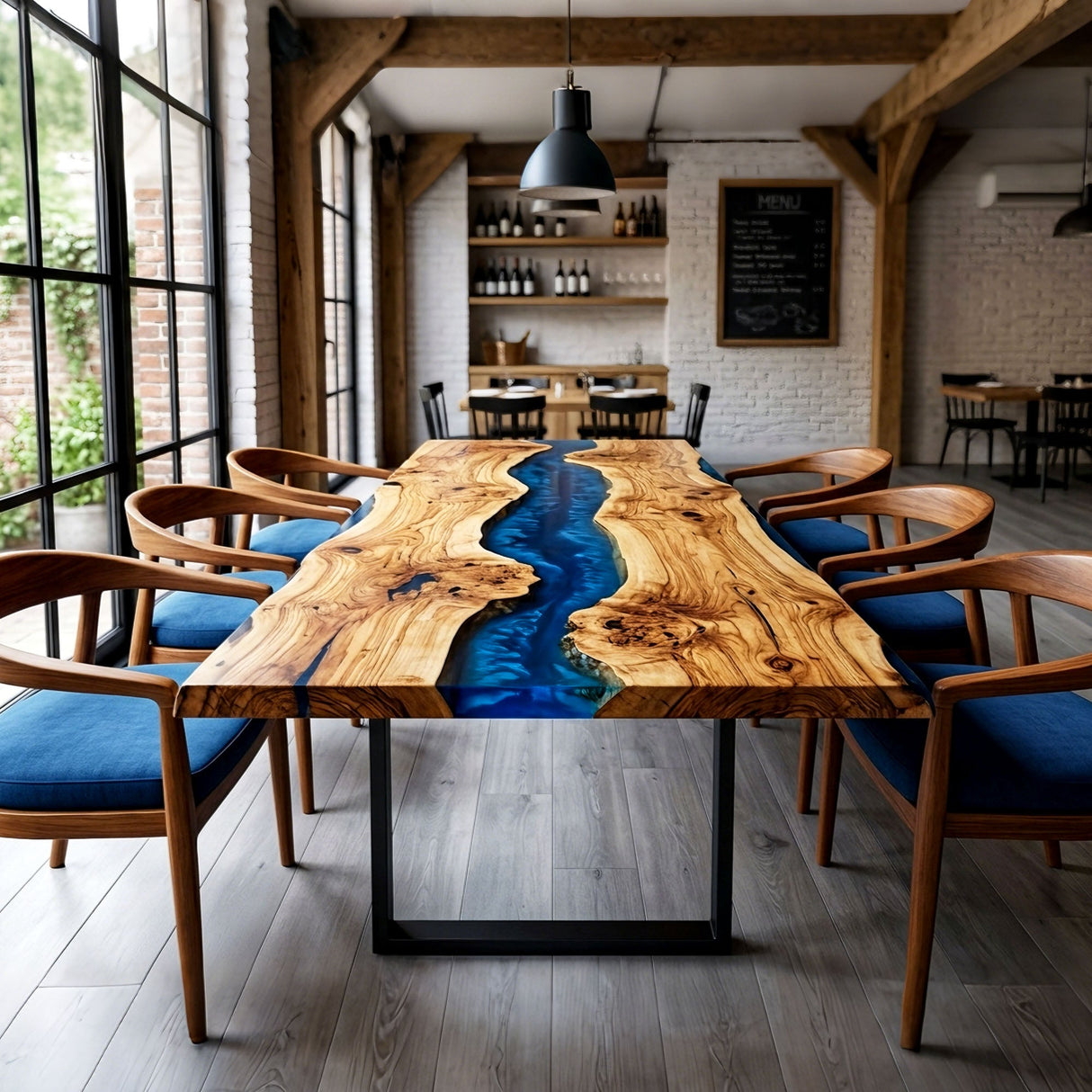 Epoxy Dining Table Olive Wood Cobalt Pearl Blue Rectangular Straight Edge Dining Table ECT - 296 - Elitecustomtable