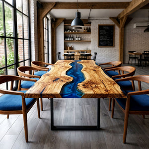 Epoxy Dining Table Olive Wood Cobalt Pearl Blue Rectangular Straight Edge Dining Table ECT - 296 - Elitecustomtable