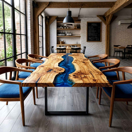 Epoxy Dining Table Olive Wood Cobalt Pearl Blue Rectangular Straight Edge Dining Table ECT - 296 - Elitecustomtable