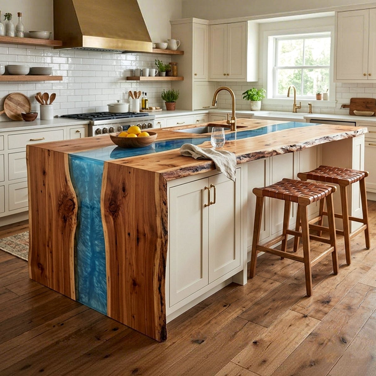 Epoxy Kitchen Island Countertop Walnut Azure Teal Waterfall Straight Edge ECT - 322 - Elitecustomtable