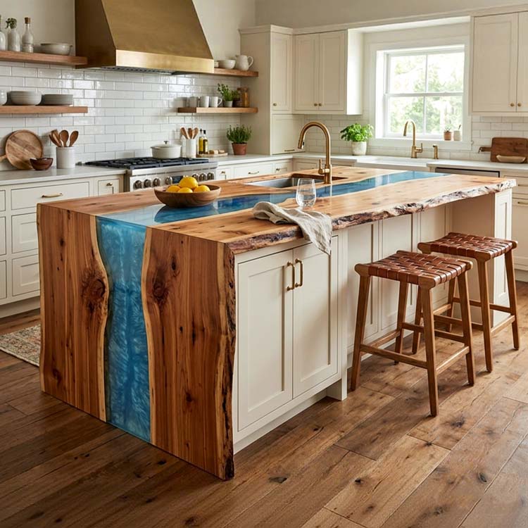 Epoxy Kitchen Island Countertop Walnut Azure Teal Waterfall Straight Edge ECT-322