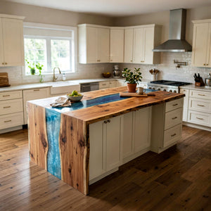 Epoxy Kitchen Island Countertop Walnut Azure Teal Waterfall Straight Edge ECT - 322 - Elitecustomtable
