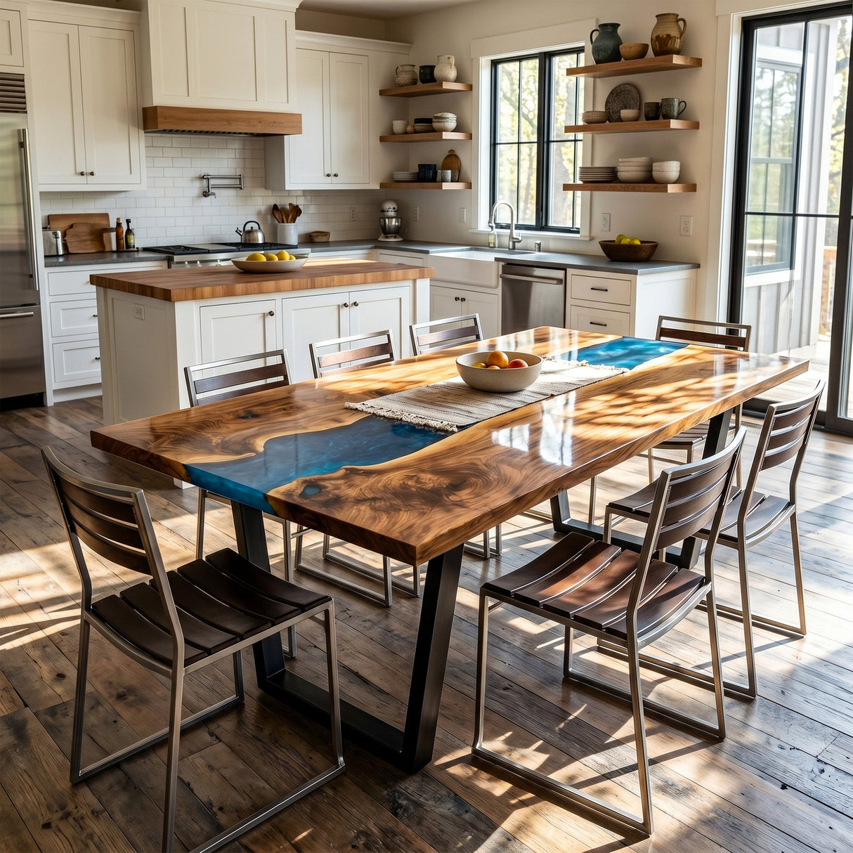 Epoxy Kitchen Table Walnut Ocean Teal Rectangular Straight Edge Dining Table ECT - 299 - Elitecustomtable