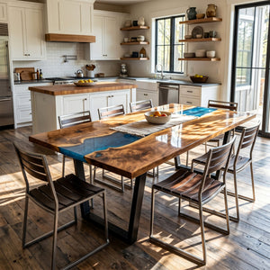 Epoxy Kitchen Table Walnut Ocean Teal Rectangular Straight Edge Dining Table ECT - 299 - Elitecustomtable