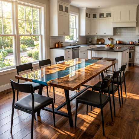 Epoxy Kitchen Table Walnut Ocean Teal Rectangular Straight Edge Dining Table ECT - 299 - Elitecustomtable