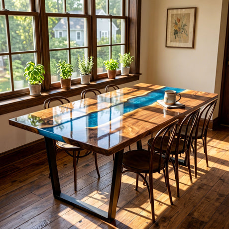 Epoxy Kitchen Table Walnut Ocean Teal Rectangular Straight Edge Dining Table ECT - 299 - Elitecustomtable