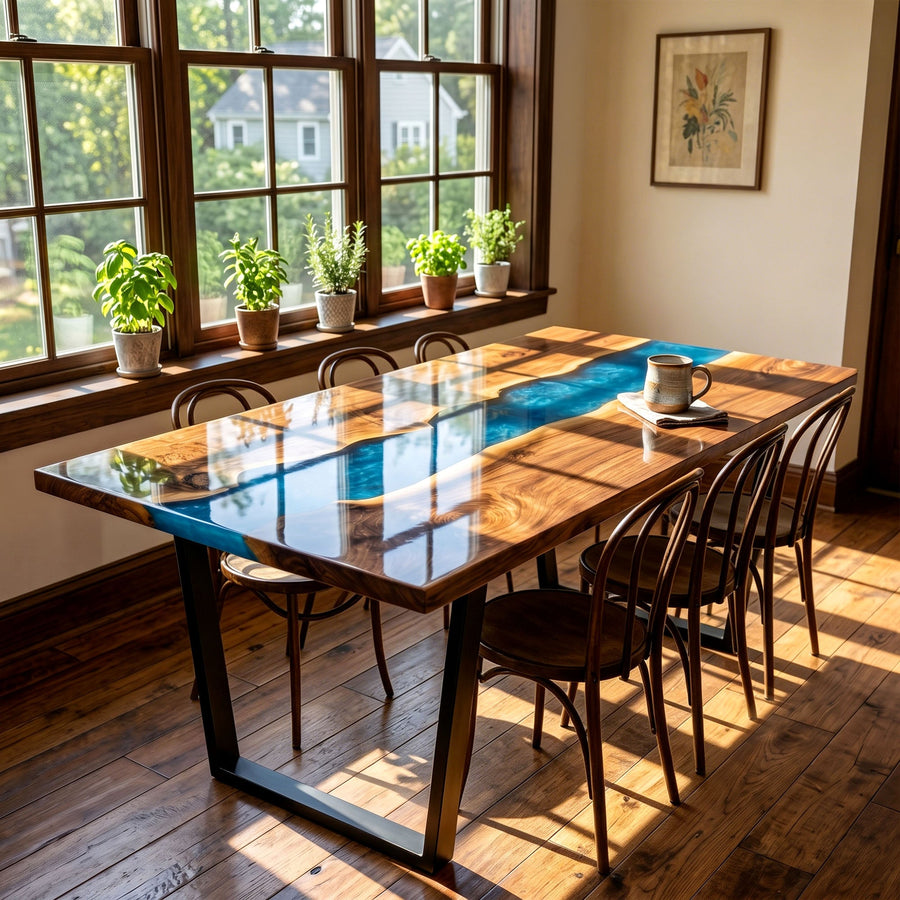 Epoxy Kitchen Table Walnut Ocean Teal Rectangular Straight Edge Dining Table ECT-299