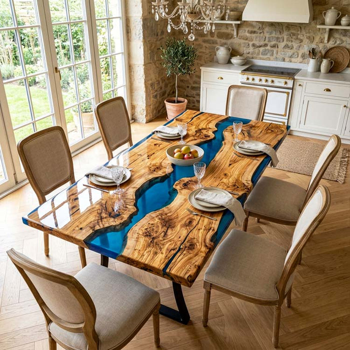 Epoxy Resin Dining Table Olive Wood Azure Blue Rectangular Straight Edge Table Top ECT-295