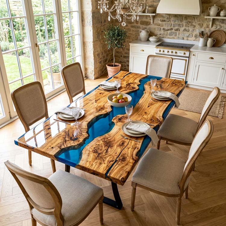 Epoxy Resin Dining Table Olive Wood Azure Blue Rectangular Straight Edge Table Top ECT-295