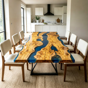 Epoxy Resin Dining Table Olive Wood Azure Blue Rectangular Straight Edge Table Top ECT - 295 - Elitecustomtable