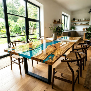 Epoxy Resin Dining Table Olive Wood Azure Blue Rectangular Straight Edge Table Top ECT - 295 - Elitecustomtable