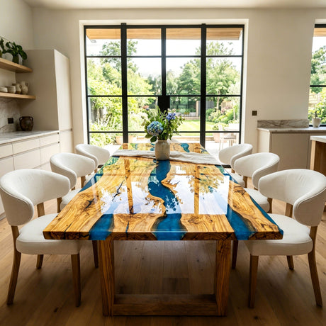 Epoxy Resin Dining Table Olive Wood Azure Blue Rectangular Straight Edge Table Top ECT - 295 - Elitecustomtable